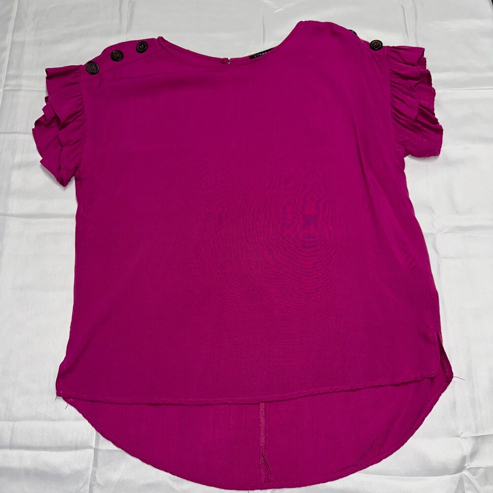 Staccato Women’s Pink Ruffle Sleeve Blouse Size S Button Shoulder High Low